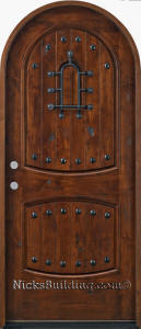 rustic round top doors with clavos and speakeasy iron grill